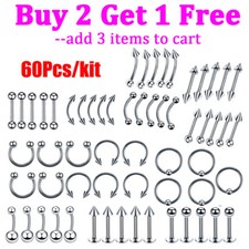 50-120Pcs Surgical-Steel Nose Ring Clear Nose Belly Tongue Retainer Piercing Kit
