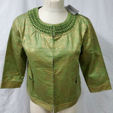 Chicos Size 1 Medium 8 Green Paisley Jacket Style Persian Luster Zaria Pockets