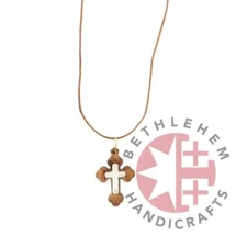 Olive Wood and White Mother of Pearl Budded Cross Necklace