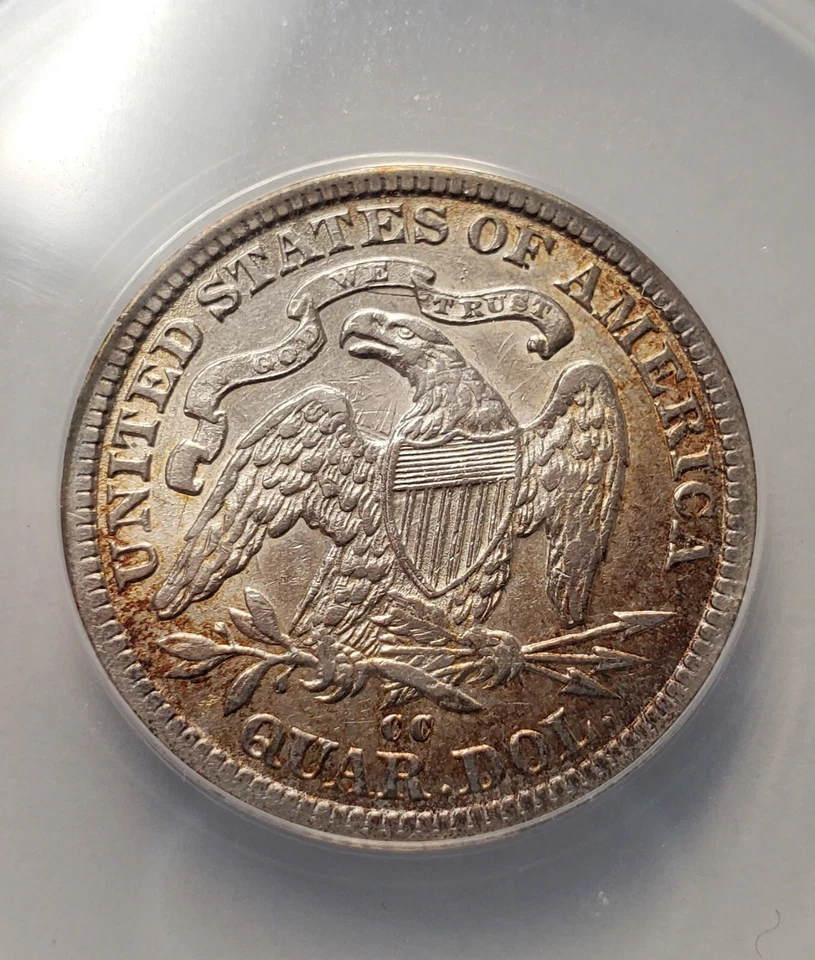 1878 Cc Seated Liberty Quarter Anacs Xf40 Details Major Die Clashes Toned - Image 4 of 4
