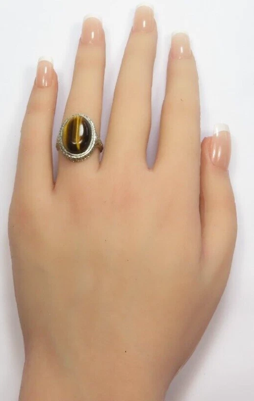 Antique A & S 1920's Tiger's Eye 13K White Gold Filigree Ring Size 7 UK-N1/2 - Image 2 of 4