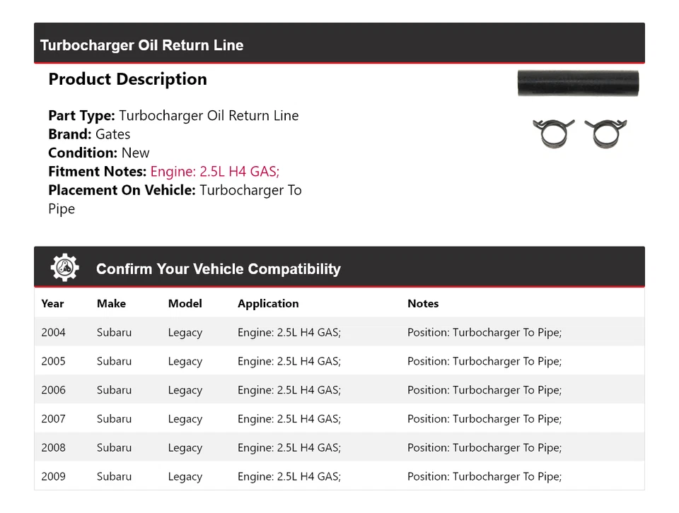 Puertas de línea de retorno de aceite turbocompresor Subaru Legacy 2004-2009 2005 2006 2007 Foto 2 de 4