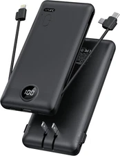 VRURC Portable Charger Built-in Cables and AC Wall Plug, USB C Power Bank 10000m