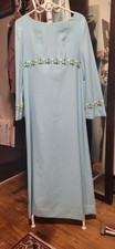 Vintage 60's Unbranded Lt Blue  Blue-Yellow Applique Empire FL Gown Dress M/L