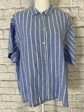 C&C California XL Top Blue White Striped Shirt Boxy 100% Linen Button