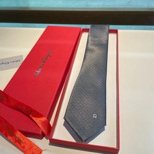 Ferragamo Grey Woven Silk Tie Single White Horsebit Logo Men Formal Necktie Gift