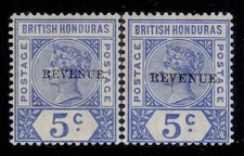 BRITISH HONDURAS QV SG66 + 66d, 5c OPT varieties, M MINT. Cat £38.