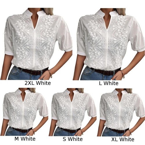 Romantic Floral Embroidered Lace Blouse Women's V Neck Short Sleeve Shirt - Picture 12 of 27