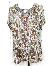 CJ Banks Short Sleeve Blouse Top Brown White Geometric Tie Keyhole Neck Size 1X