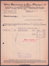 Rechnung Baumann & Co Plauen Mechanische Weberei Landhaus Gardine 1938