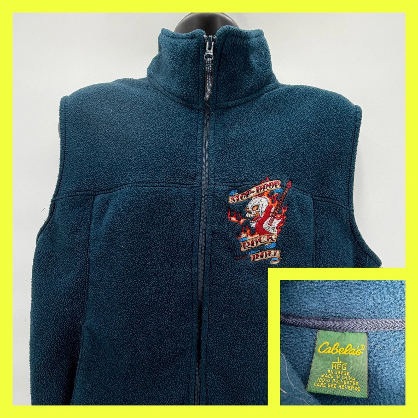 Cabela's Polartec Fleece Vest Mens L Blue Skull Guitar Stop Drop Rock N Roll