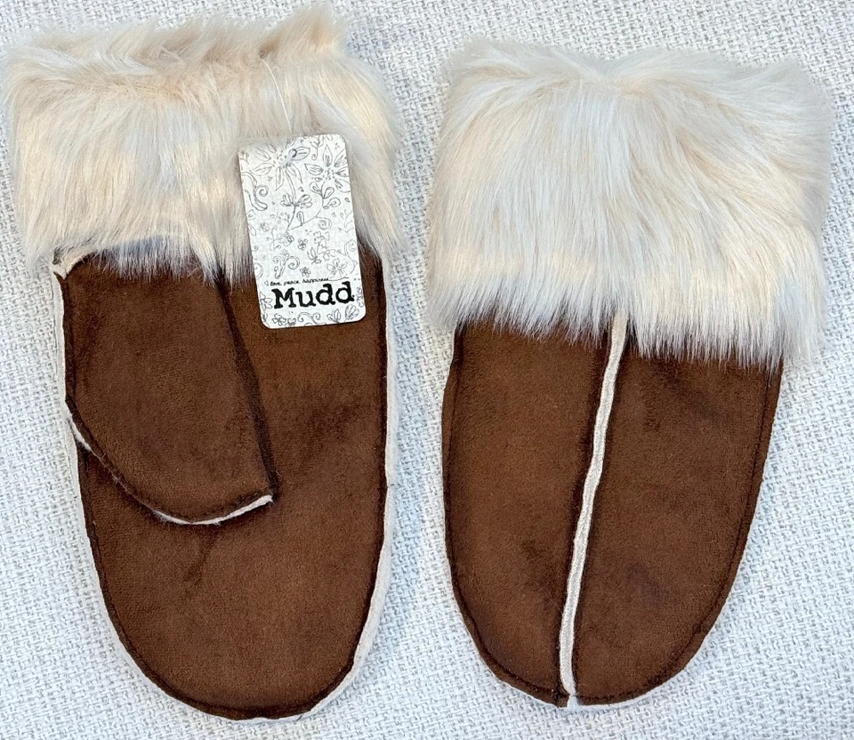 Mitones de forro de piel sintética Mudd® de gamuza sintética, marrón, uno, nuevos con etiquetas Foto 2 de 2
