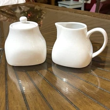 Pier 1 Sugar Bowl Creamer Set White Luminous Porcelain Original Lid Minimalist