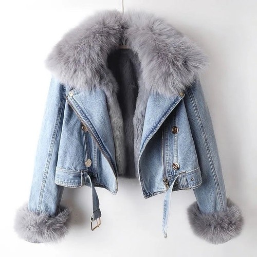 Velthentic Light Blue Denim Jacket W/ Removable Faux Fur Trim & Lining, Small