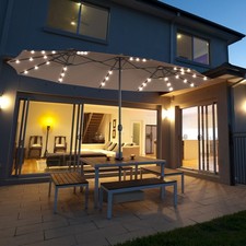 15Ft Solar LED Patio Outdoor Double-Sided Umbrella w/ 36 Lights Crank Tan