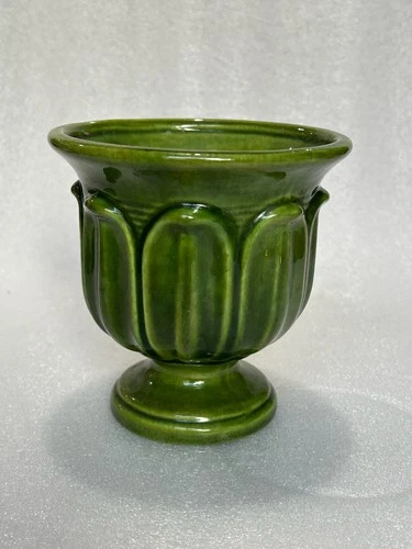 Vintage Haeger Ceramic Pedestal Planter Avocado Green Repeating Leaf Motif