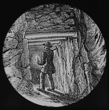 COAL MINING : MINER IN A TIMBERED LEVEL C1875 VICTORIAN Magic Lantern Slide