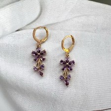 Purple Crystal Flower Dangle Drop Earrings for Women