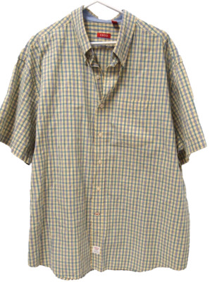 Izod Mens Shirt 2XL Yellow Blue Checkered Button Short Sleeve Cotton