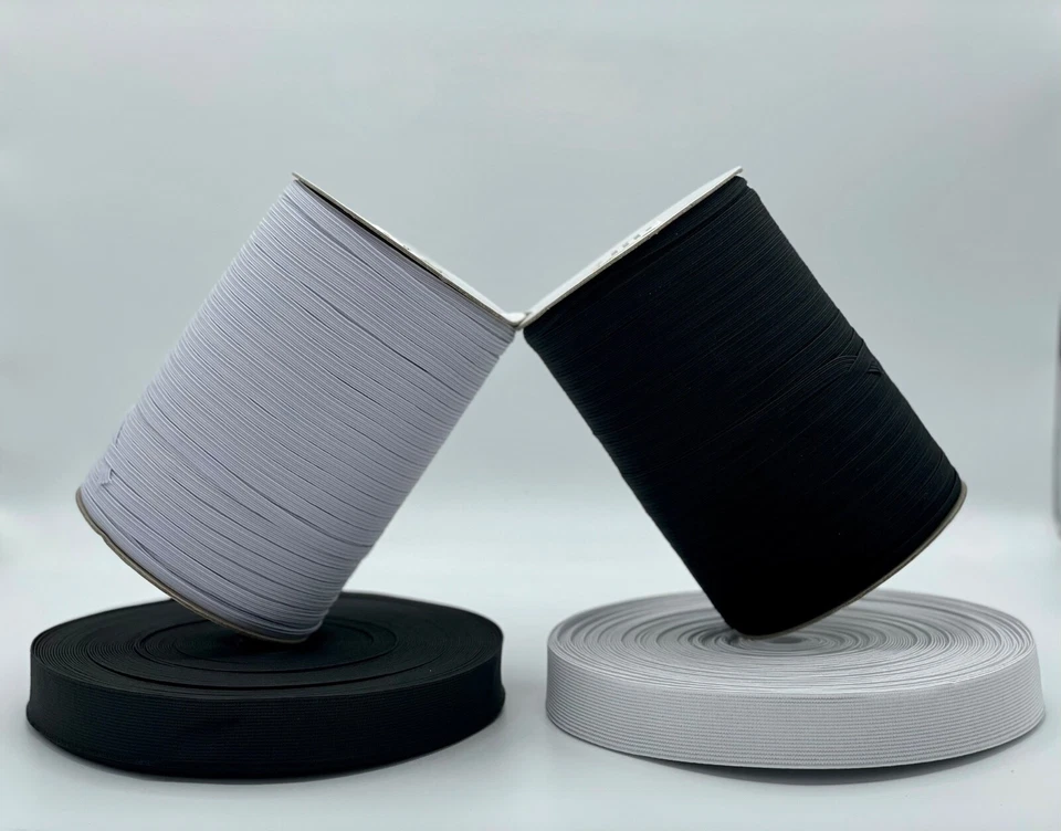 NOVA Elastic Woven White And Black Flat Cord Craft 3mm, 5mm, 6mm, 8mm