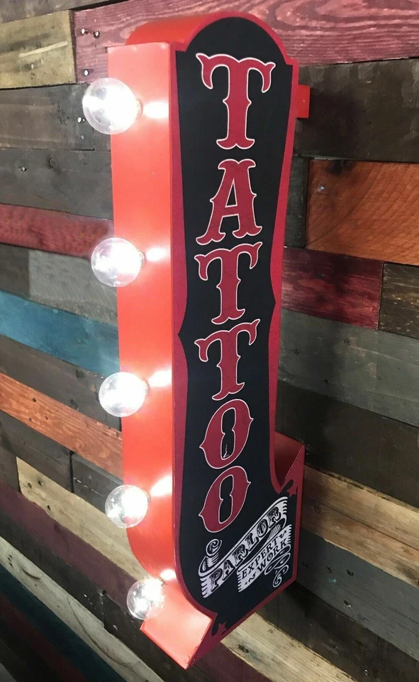 TATTOO Parlor Arrow Double Sided Metal Sign W/ LED Lights Man Cave Beer Bar Shop - Image 2 of 4