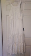 Lulus Midi Dress Ivory High Neck Criss Cross Back Ruffle Skirt Sleeveless Size M