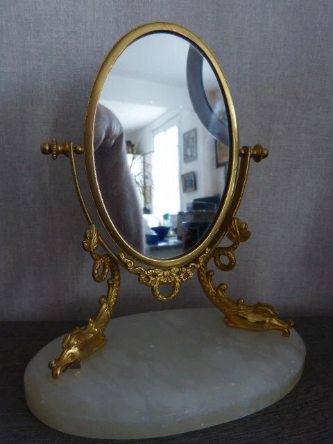 petit miroir de table ,de toilette à bascule en métal doré style louis XVI (ch3) - Photo 1/4