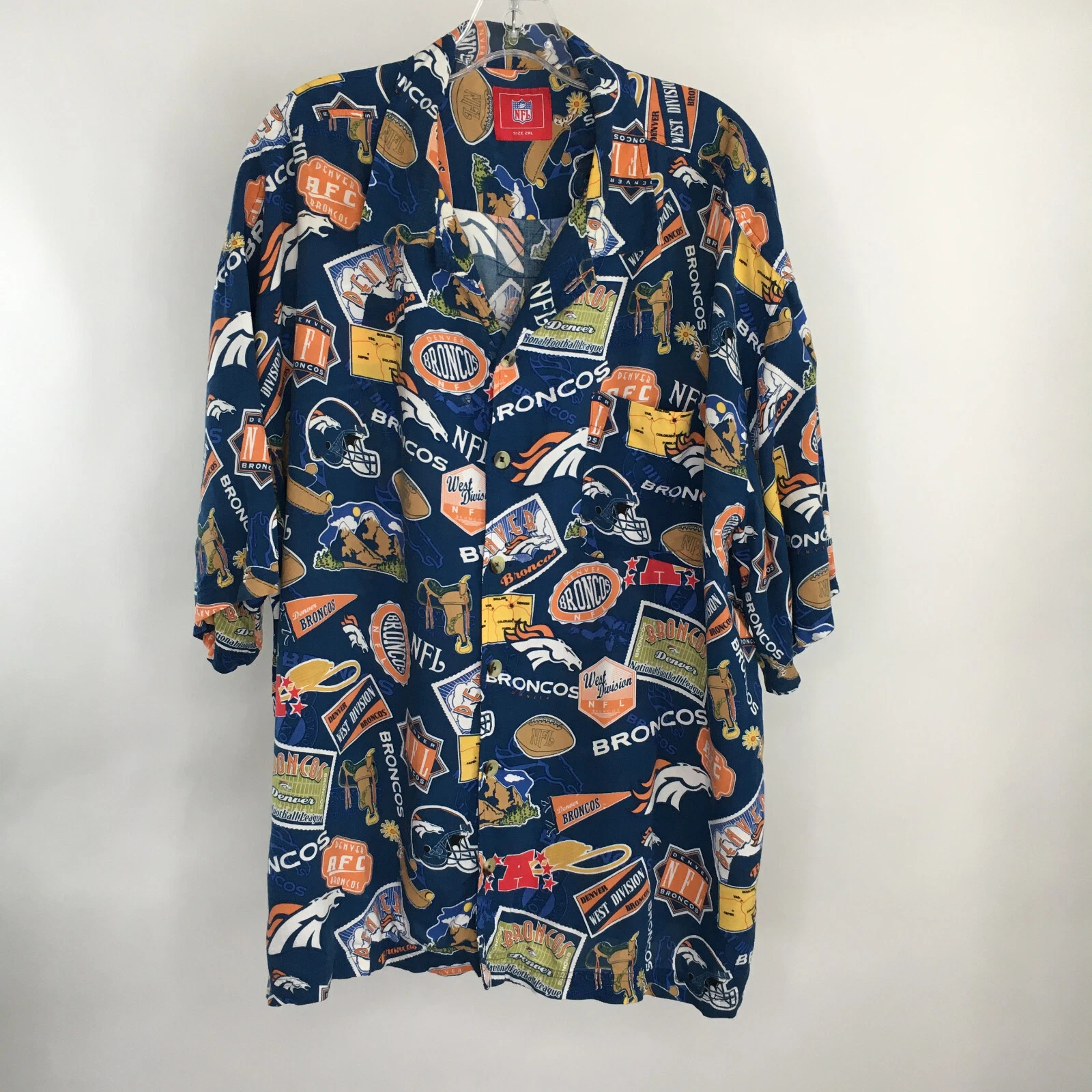 Denver Broncos NFL 2XL Men Shirt Stamps Pattern Blue Button Up S/S Beach Wear