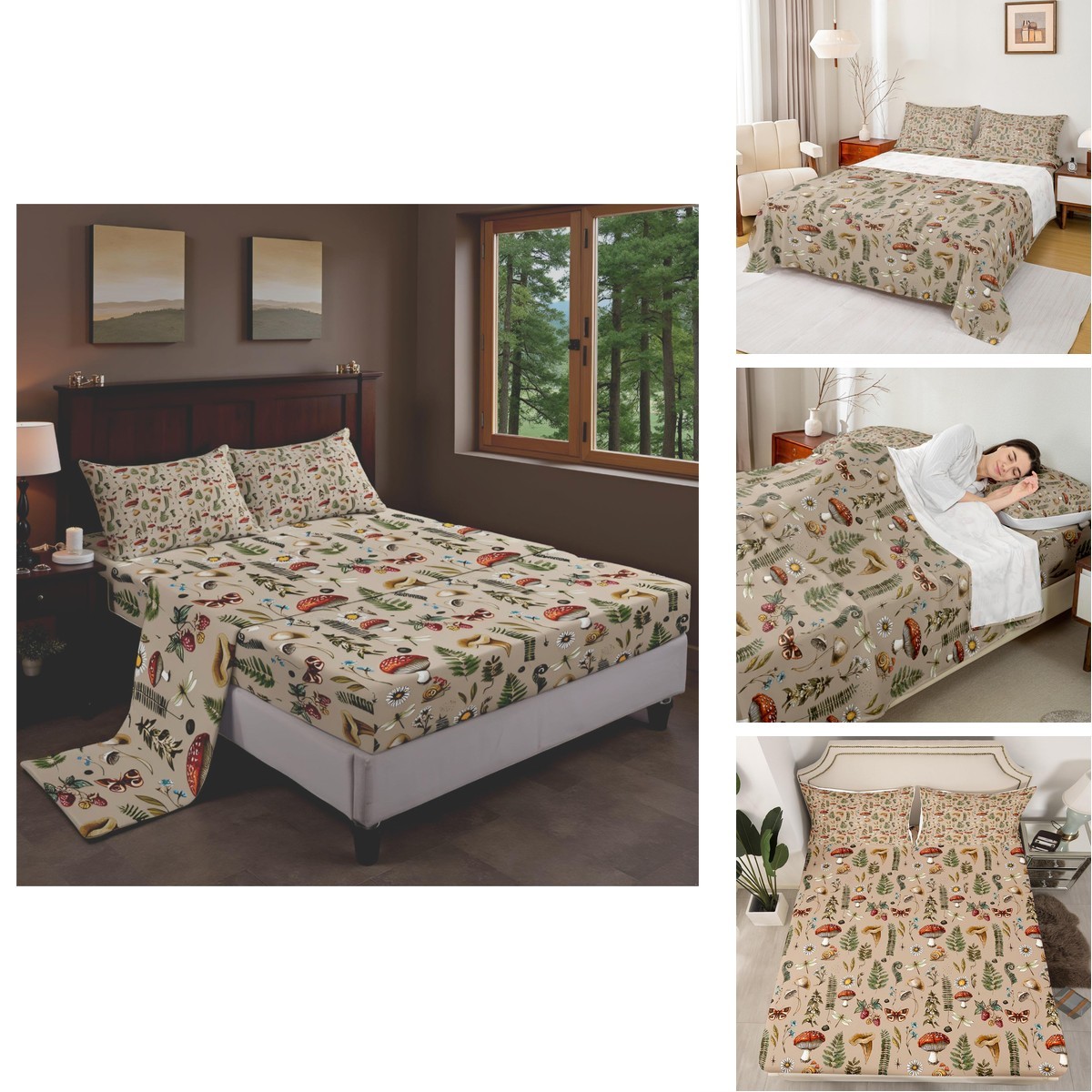 Castle Fairy Mushroom Print Bed Sheets Wild Butterfly Outdoor Leaves Decor