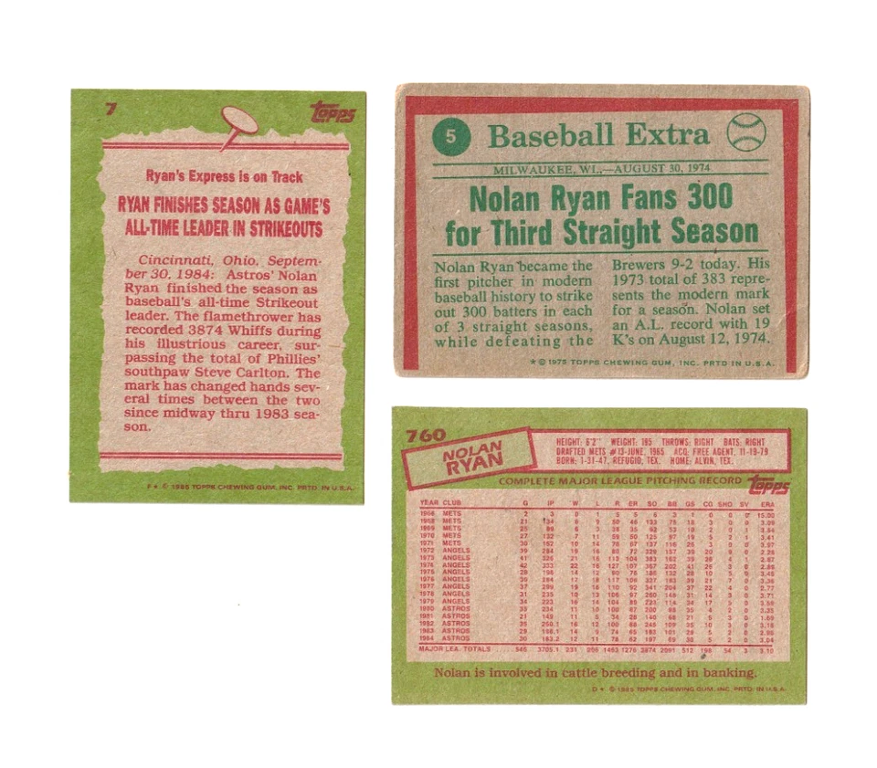 1974 Topps Nolan Ryan lote de 3 destacados #5, 1985 #760 y #7 en muy buen estado+/ex Foto 2 de 2