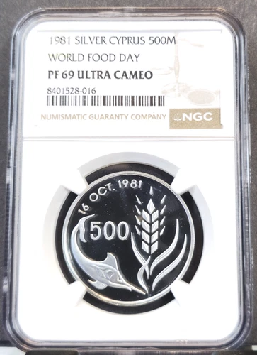 1981 CYPRUS SILVER 500 MILS WORLD FOOD DAY NGC PF 69 ULTRA CAMEO RARE TOP POP