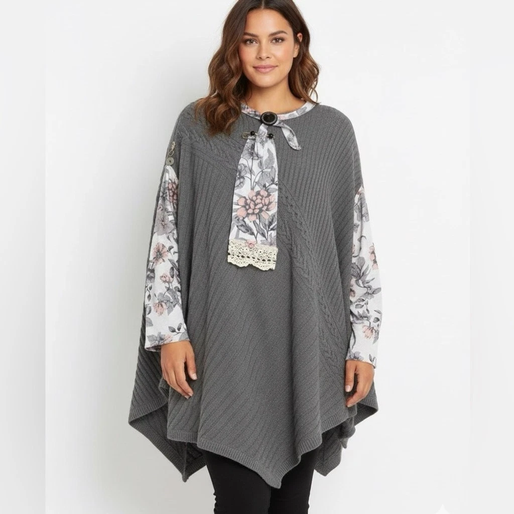 Handmade Gray Ribbed Knit Poncho Sweater Tunic Upcycled Large to XL