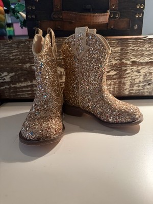 Girls' Glitter Gold Western Cowgirl Mid-Calf Boots Block Heel Pull On