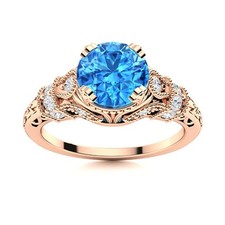 5MM Round Swiss Blue Topaz 925 Sterling Silver Rose Plated Solitare Accents Ring