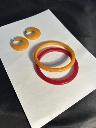 Vintage Bakelite Jewelry Set Yellow Hoop Earrings Yellow Red Bangle Bracelets