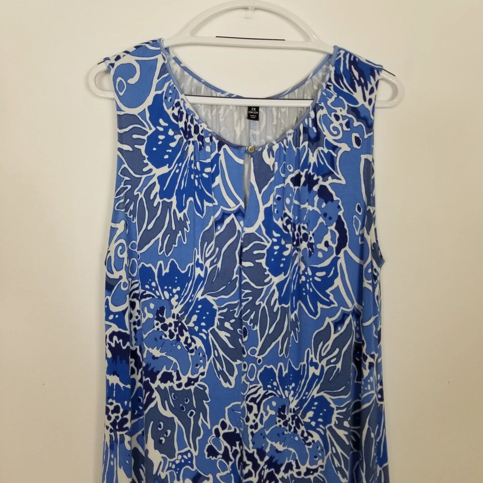 Lands End Women Floral Sleeveless Maxi Dress Sz 2X Blue Summer Vacation - Image 2 of 4