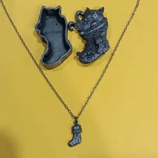 Torino Vintage Pewter Cat In Christmas Stocking, Necklace, Earrings, Brooch Set