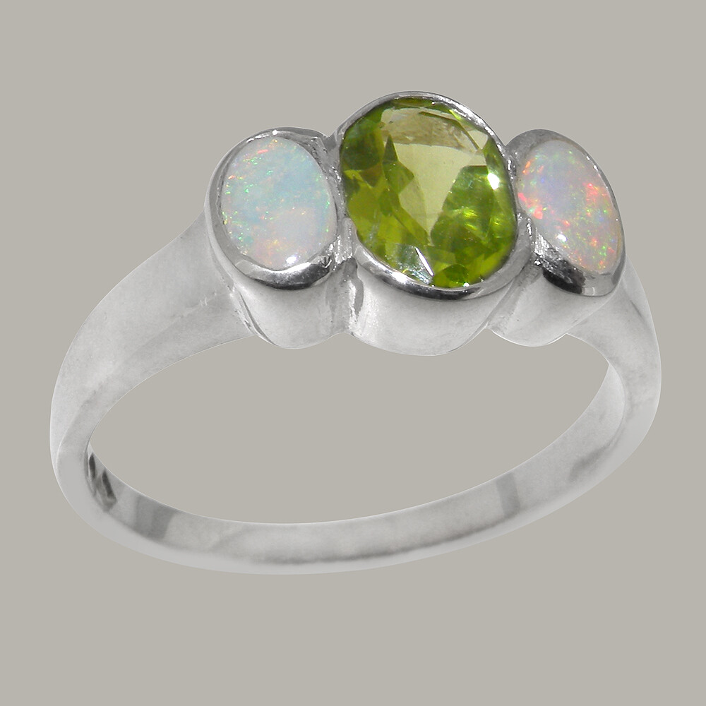 Solid 925 Sterling Silver Natural Peridot Opal Womens Trilogy Ring