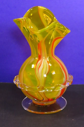 Vintage Yellow Swirl Art Glass Vase 6” Tall w/ Applied Ruffle Clear Base