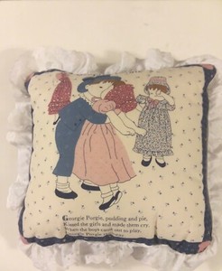 Georgie Porgie Pudding Pie 12"x 12" Homemade Fabric Pillow blue, Nursery Rhymes