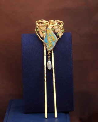 Peigne à Chignon Art Nouveau - Statue Femme Turquoise - Style Vintage Doré - Fait En France - Neuf