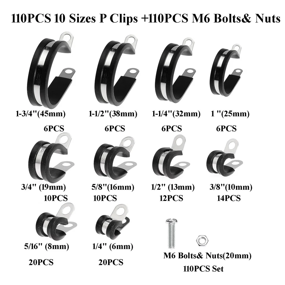 110pc P Clips Cable Clamps Rubber Cushion Hose Pipe Clamp Brake Line Loop Tubing - image 2 of 4
