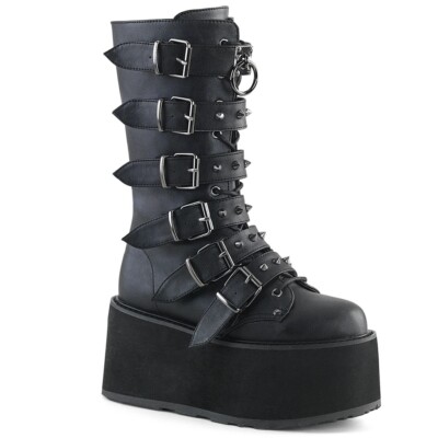 Demonia Plateaustiefel - Damned-225 Black | Gothic Nieten O-Ring Spikes Absatz