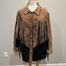 Bob Mackie Wearable Art Fringed Leather Jacket Tan Black Sz 1xl Western Coat
