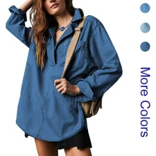 Womens Casual V Neck Button Long Sleeve Denim Pullover Tops -Jean Shirts Dresses