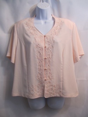 Vintage Kathy Che Pink V Neck Embroidered Button Down Blouse Size 14P