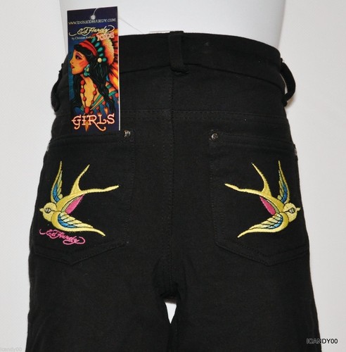 Nwt $62 Ed Hardy Stretch Cotton Kids Slim Skinny Pants Trousers Black/Bird M/10 - Picture 5 of 6