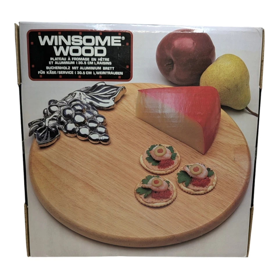 Charcutería MADERA ENCANTADORA 12” Tablero de Queso Redondo Peltre Uvas 1993 con Caja Nuevo Foto 2 de 4