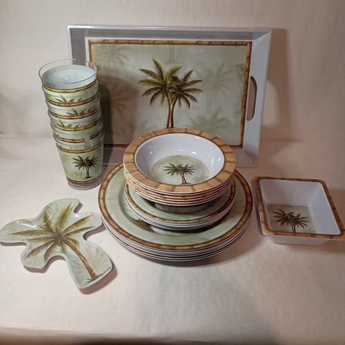 Melamine Ware Hawaiian Luau Palm Trees 27 Piece Dinnerware Plates Bowls