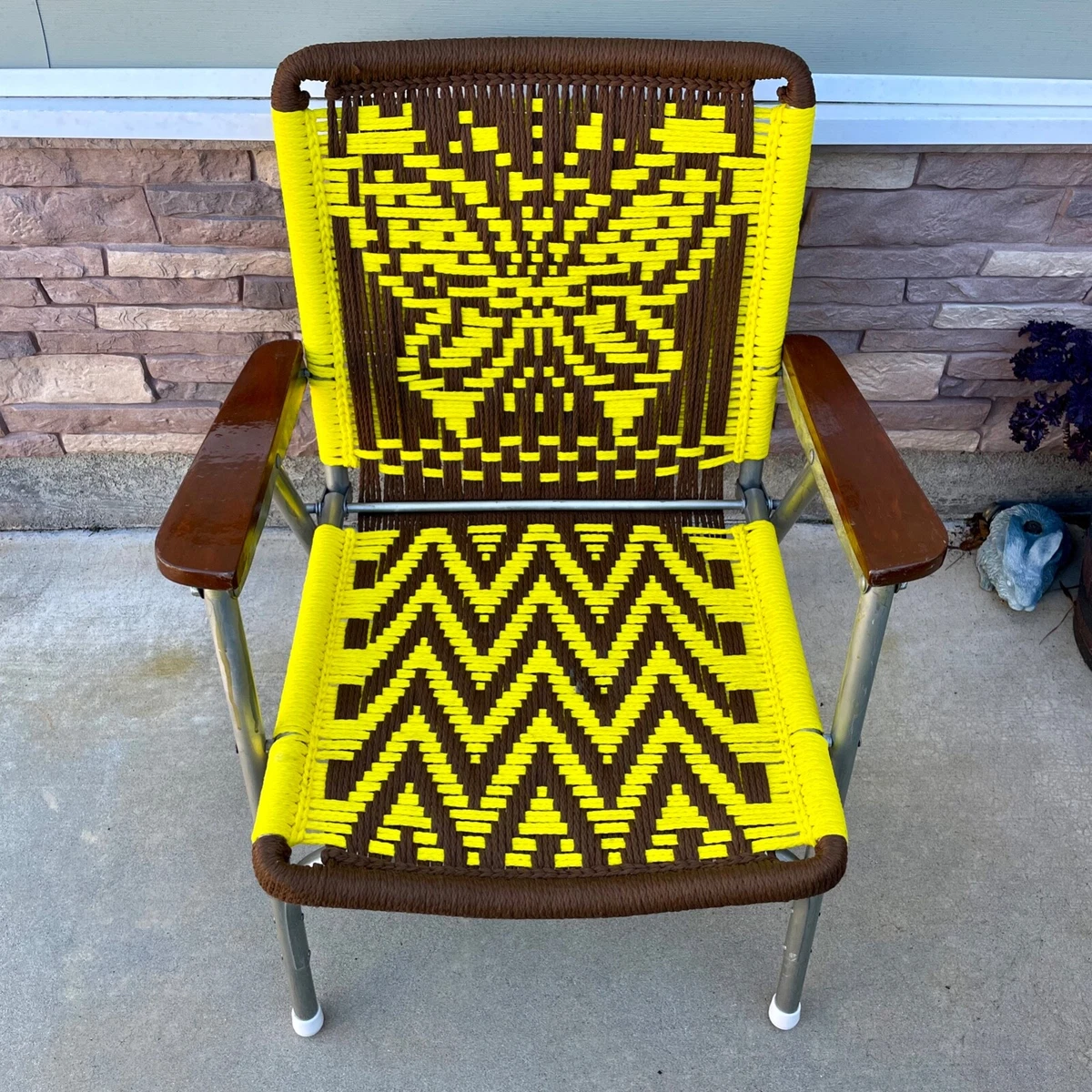 VTG Patio Lawn Beach Chair Butterfly Macrame Aluminum Wood Armrests MCM Style